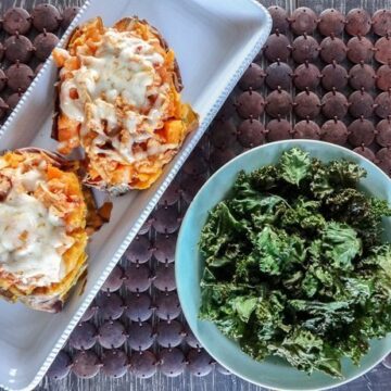 Chipotle Chicken Stuffed Sweet Potatoes with Kale Chips