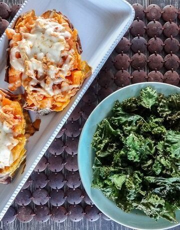 Chipotle Chicken Stuffed Sweet Potatoes with Kale Chips
