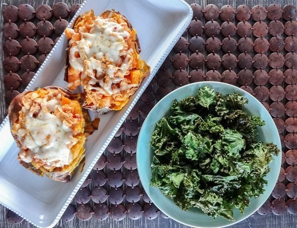 Chipotle Chicken Stuffed Sweet Potatoes with Kale Chips