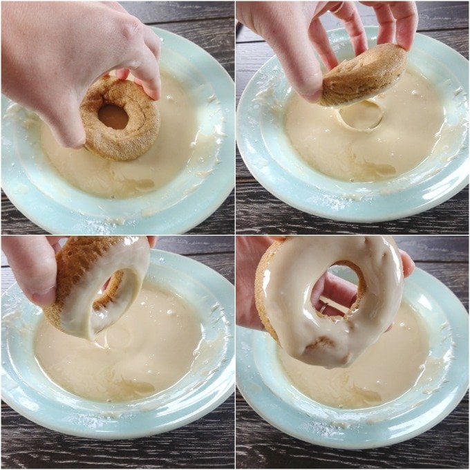 A photo collage showing the process of a hand dipping a baked donut into a bowl of maple glaze. 