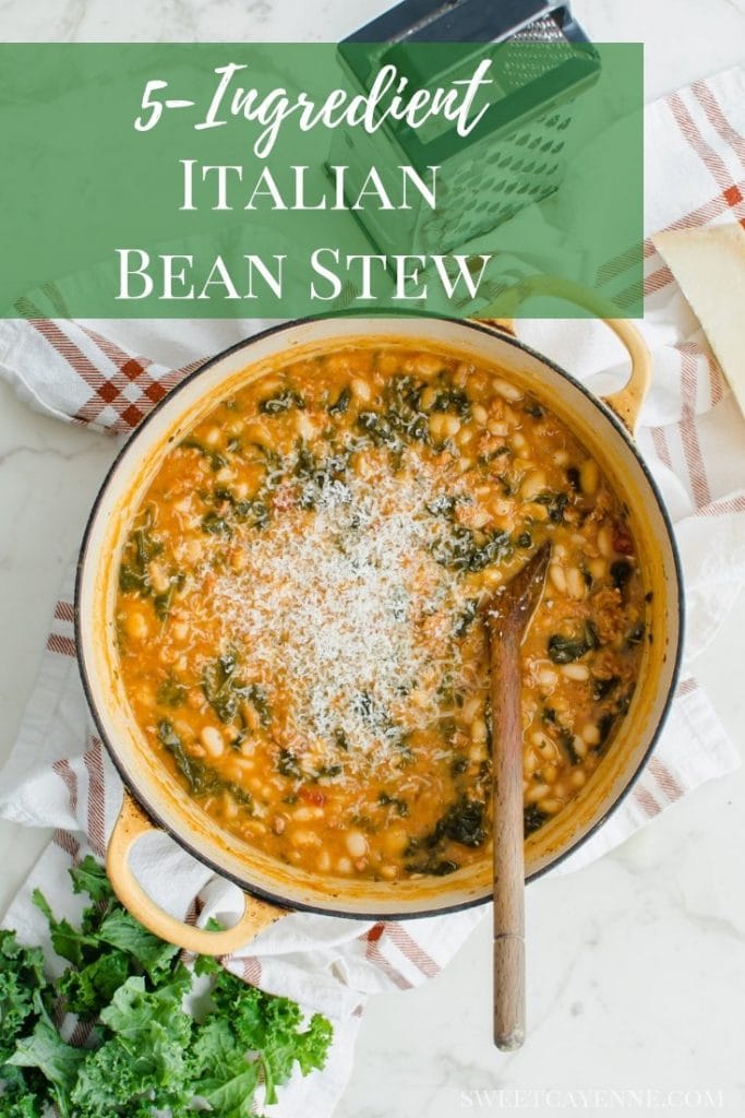A yellow Dutch oven filled with 5-ingredient Italian bean stew that is stopped with shredded Parmesan cheese.