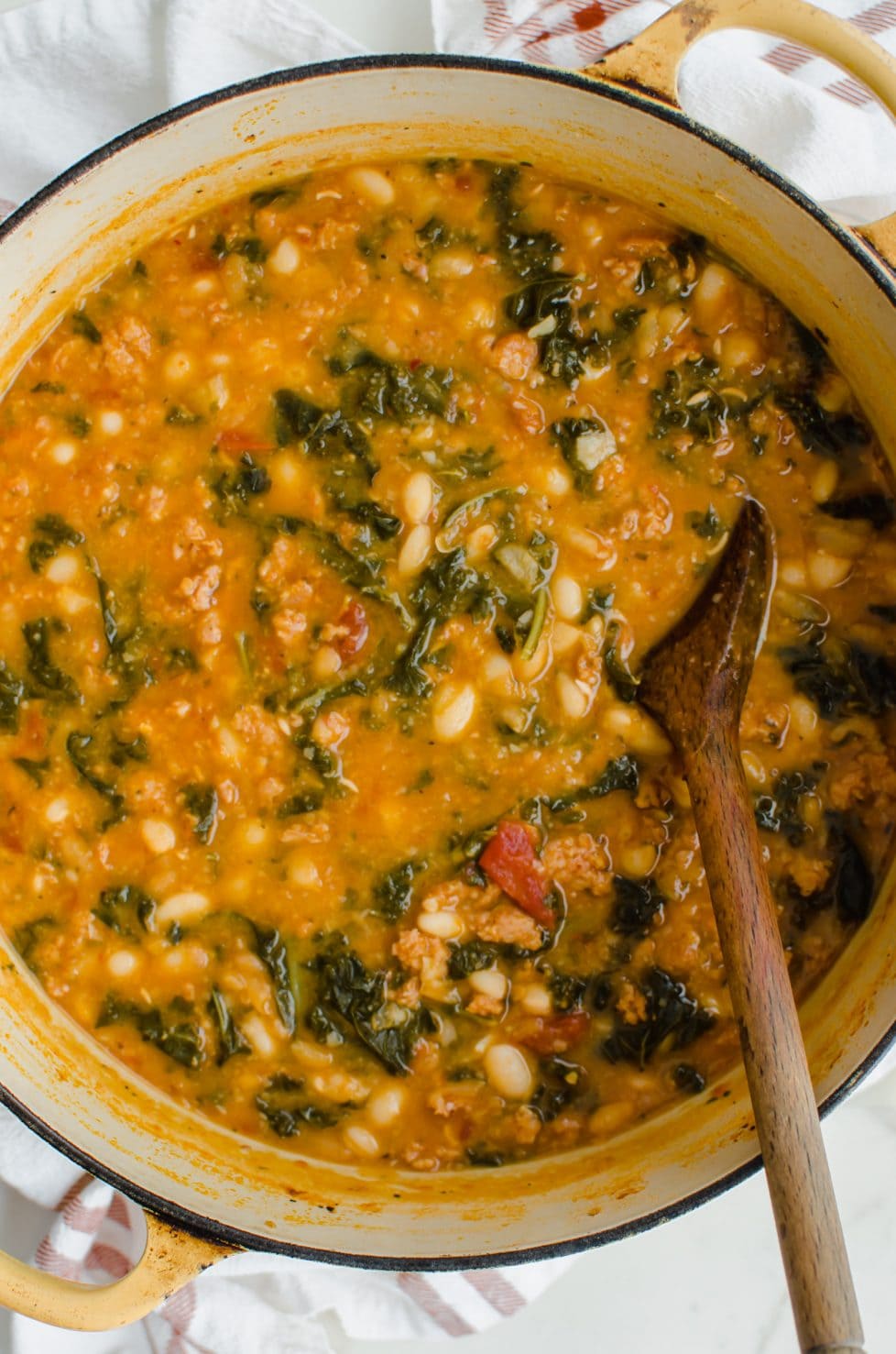 A Dutch oven filled with 5-Ingredient Italian Bean Stew.