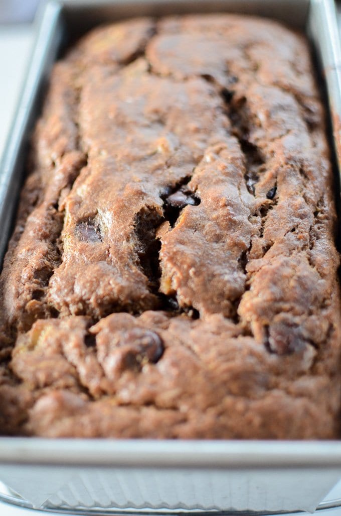 Double Chocolate Chunk Banana Bread is delicious for breakfast, a snack, or dessert! Less than 200 calories per slice and full of whole grain goodness. www.sweetcayenne.com