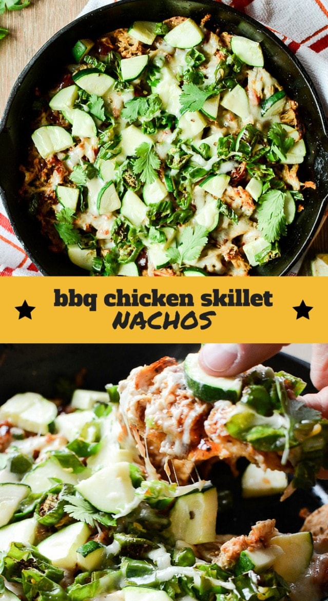 BBQ Chicken Skillet Nachos being taken from the skillet.