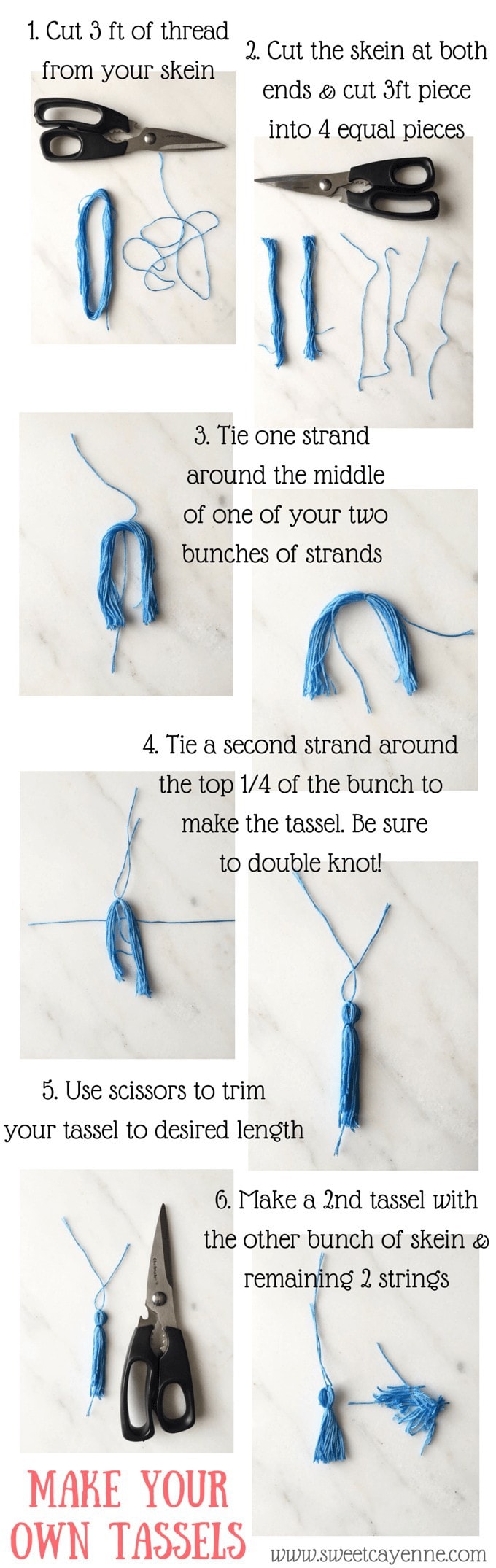 Step-by-step instructions for making your own tassels - add to accessories, purses, pillows, you name it! From sweetcayenne.com