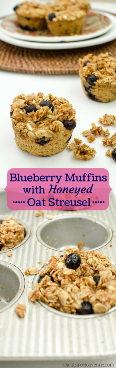 Lightened up blueberry muffins are naturally-sweetened and topped with a toasted, honeyed oat streusel.