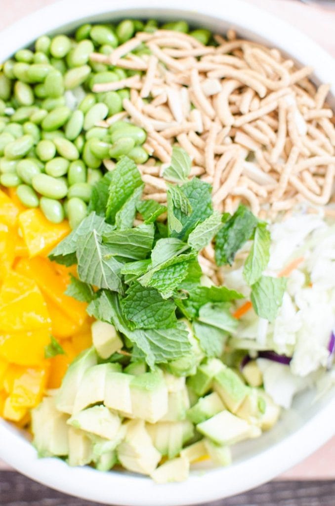 Overhead view of the needed ingredients for the Chow Mein Chopped Salad.