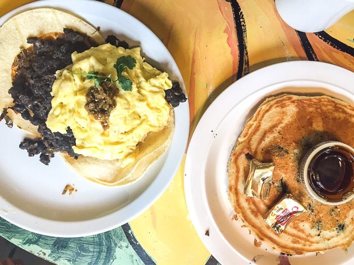Hearty migas and blueberry cornmeal pancakes from the Soulard Coffee Garden