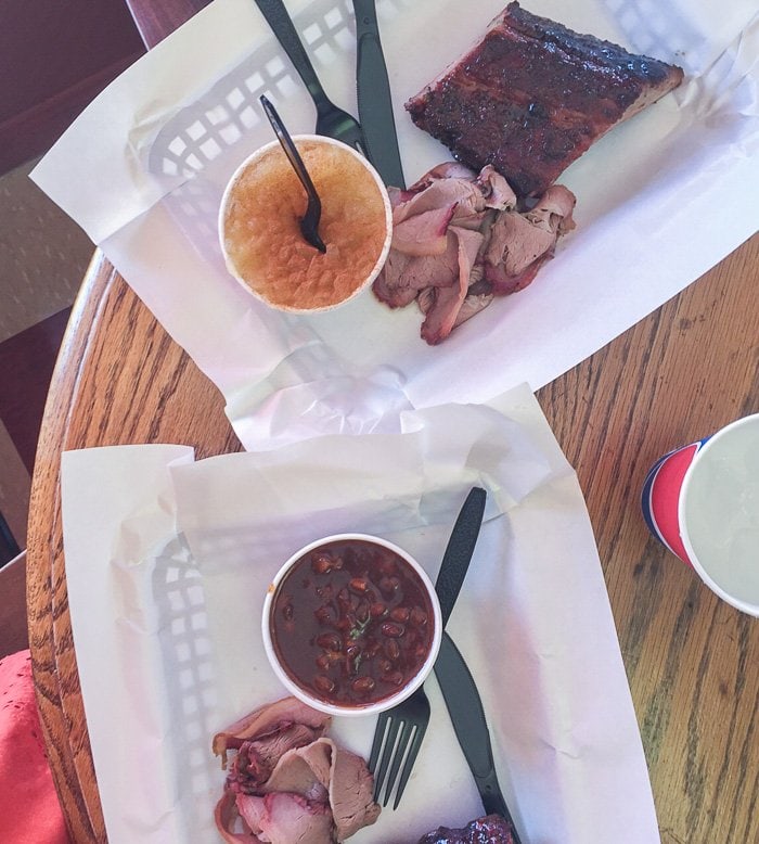 Delicious St. Louis-style ribs, brisket, beans, and homemade applesauce at Adam's Smokehouse