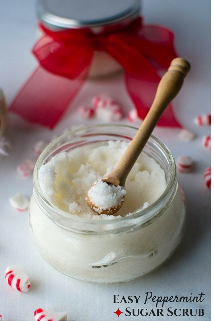 A simple, DIY sugar scrub with a peppermint scent. This snow-white scrub leaves your skin feeling velvety soft and smooth. It would make a love gift for friends during the holidays!