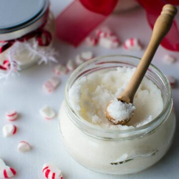 A simple, DIY sugar scrub with a peppermint scent. This snow-white scrub leaves your skin feeling velvety soft and smooth. It would make a love gift for friends during the holidays!