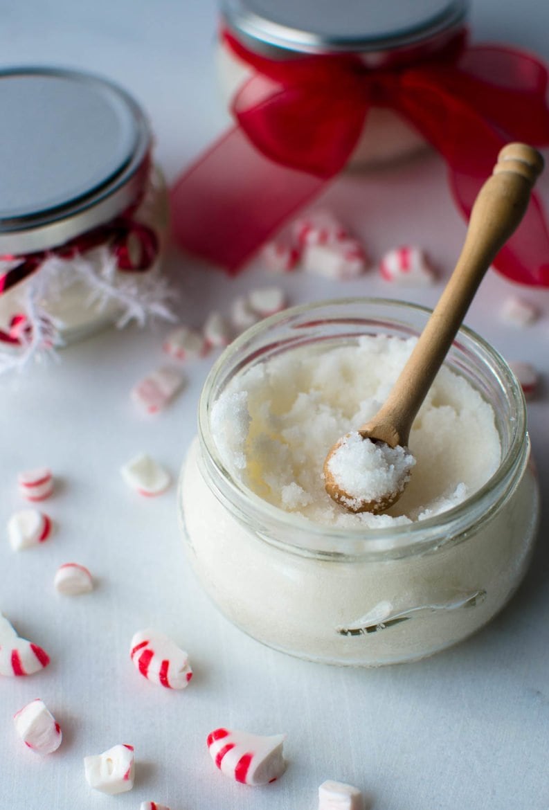 A simple, DIY sugar scrub with a peppermint scent. This snow-white scrub leaves your skin feeling velvety soft and smooth. It would make a love gift for friends during the holidays!