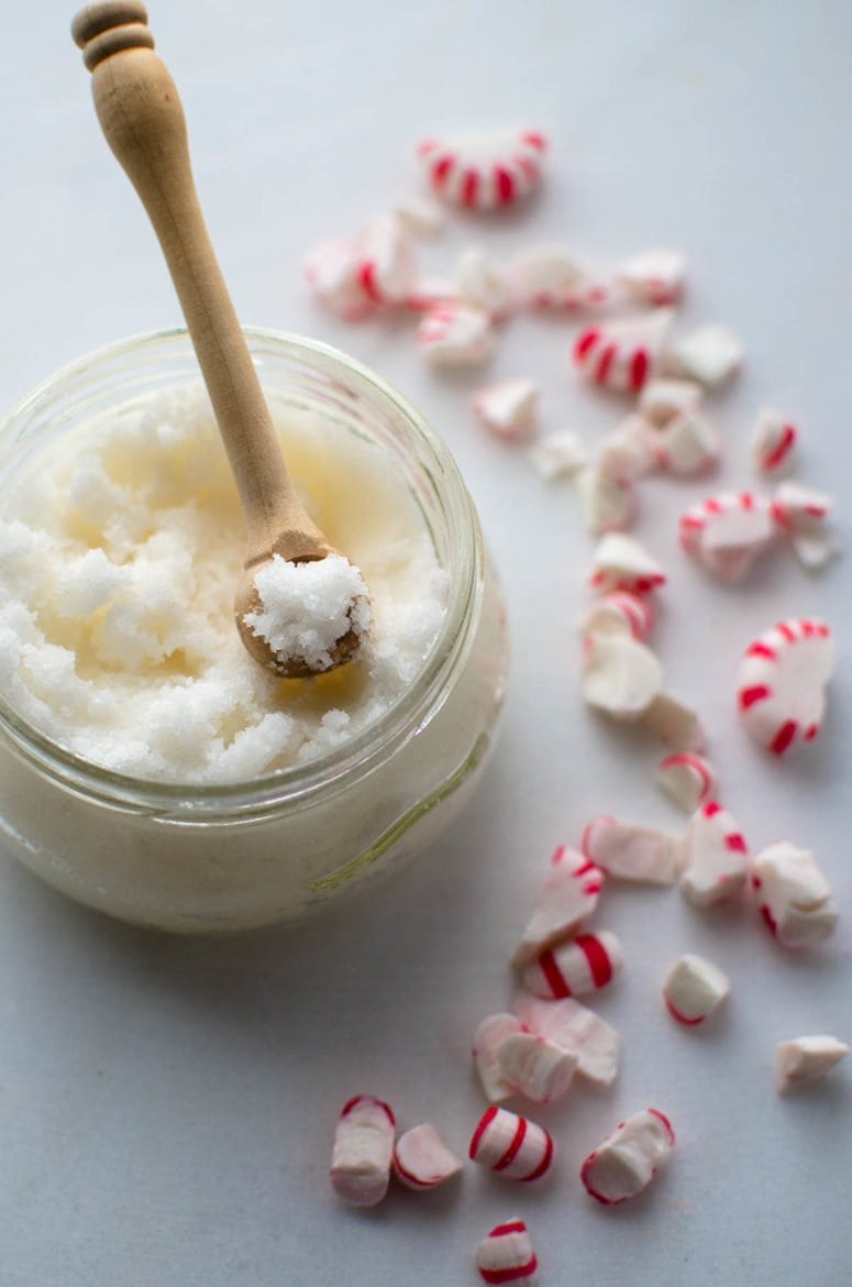 A simple, DIY sugar scrub with a peppermint scent. This snow-white scrub leaves your skin feeling velvety soft and smooth. It would make a love gift for friends during the holidays!