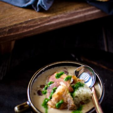 Roasted Cauliflower Soup is an easy, low-fat cream soup that's packed with flavor from basil kale pesto!