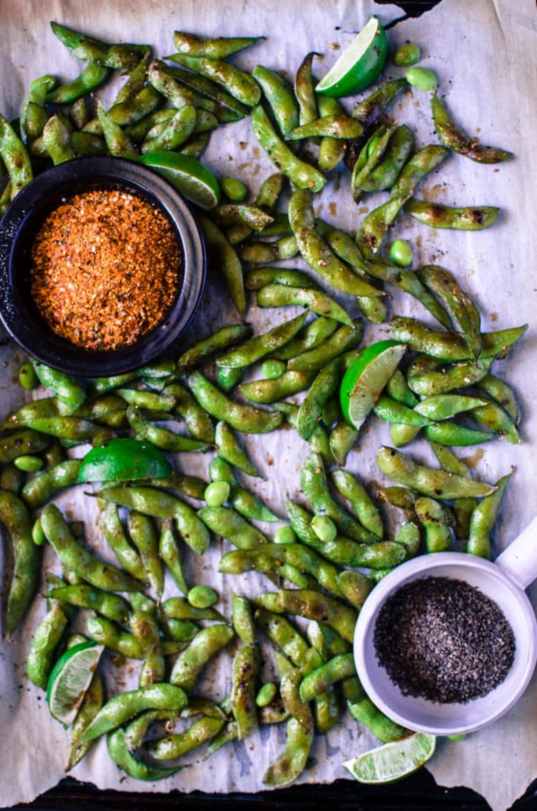 Roasted Edamame with Togarashi and Smoked Sea Salt is an easy appetizer with only 5 ingredients that comes together in under 15 minutes! It's gluten free, low calorie, and mind-blowingly delicious!