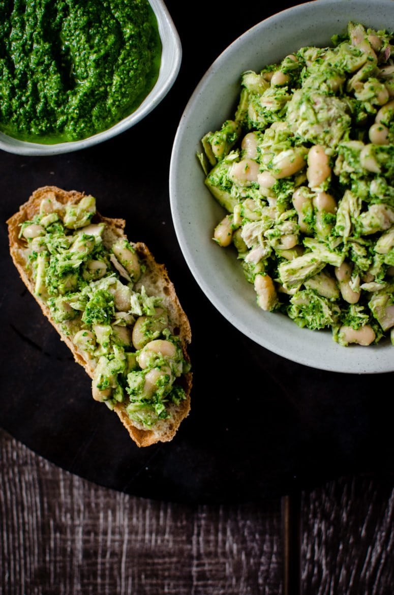 Tuna and White Bean Salad with Kale Pesto is a simple, fresh take on a lunch classic. The clean flavors in this salad make it a delicious fresh and healthy option to pack for lunch! Gluten-free, packed with protein, and can be made ahead.