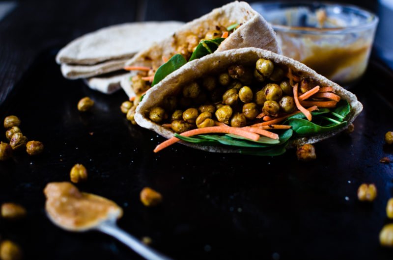 These pitas are stuffed to the brim with a powerful fusion of Middle Eastern and Asian flavors. Hot and crispy roasted chickpeas are the star and a creamy miso tahini sauce brings everything together. SO easy to make and is wonderful for lunch!