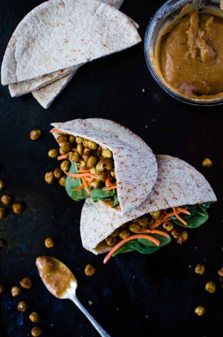 These pitas are stuffed to the brim with a powerful fusion of Middle Eastern and Asian flavors. Hot and crispy roasted chickpeas are the star and a creamy miso tahini sauce brings everything together. SO easy to make and is wonderful for lunch!