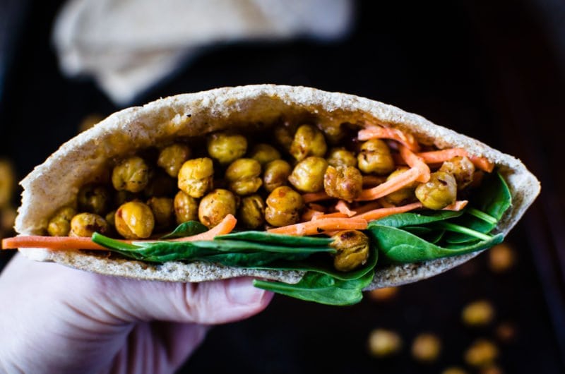 These pitas are stuffed to the brim with a powerful fusion of Middle Eastern and Asian flavors. Hot and crispy roasted chickpeas are the star and a creamy miso tahini sauce brings everything together. SO easy to make and is wonderful for lunch!