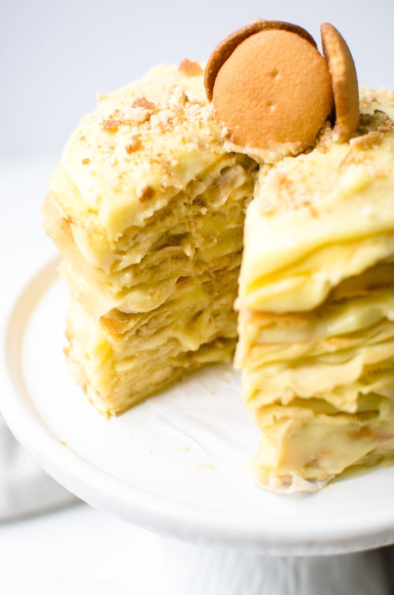 This recipe for 12 Layer Banana Pudding Crepe Cake piles butter crepes with luscious vanilla pudding, sliced bananas, and crushed Nilla wafer cookies! It's fun to make and such a dreamy dessert.