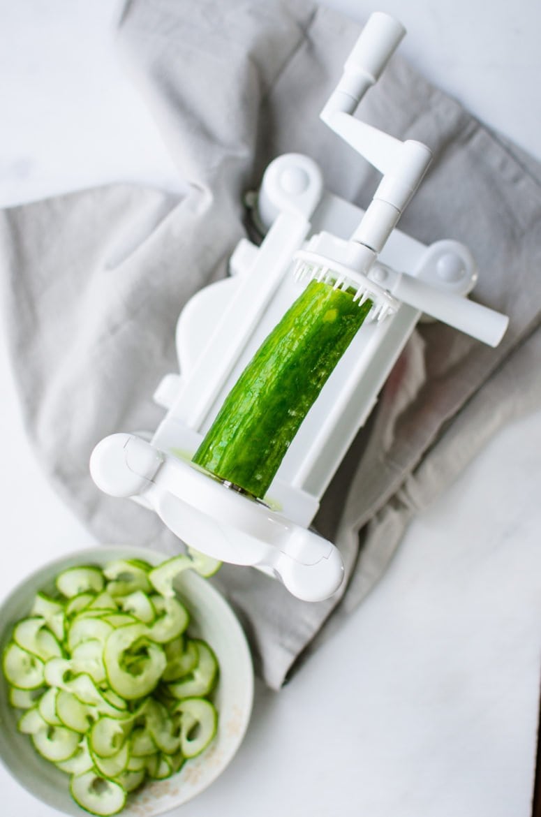 This refreshing spiralized cucumber sunomono salad can be ready in under 5 minutes and is the perfect, EASY side dish to serve with fish or other grilled meats.