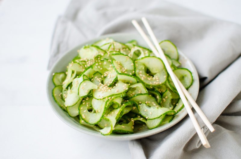 This refreshing spiralized cucumber sunomono salad can be ready in under 5 minutes and is the perfect, EASY side dish to serve with fish or other grilled meats.