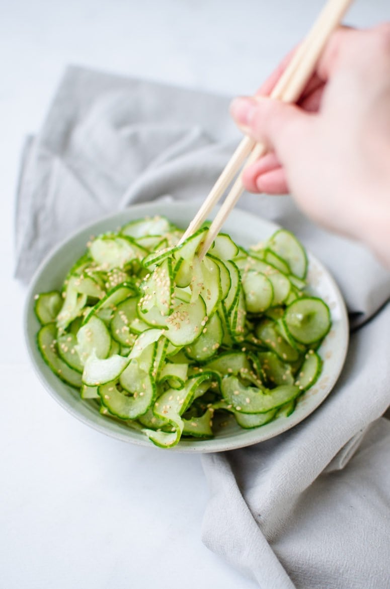 This refreshing spiralized cucumber sunomono salad can be ready in under 5 minutes and is the perfect, EASY side dish to serve with fish or other grilled meats.