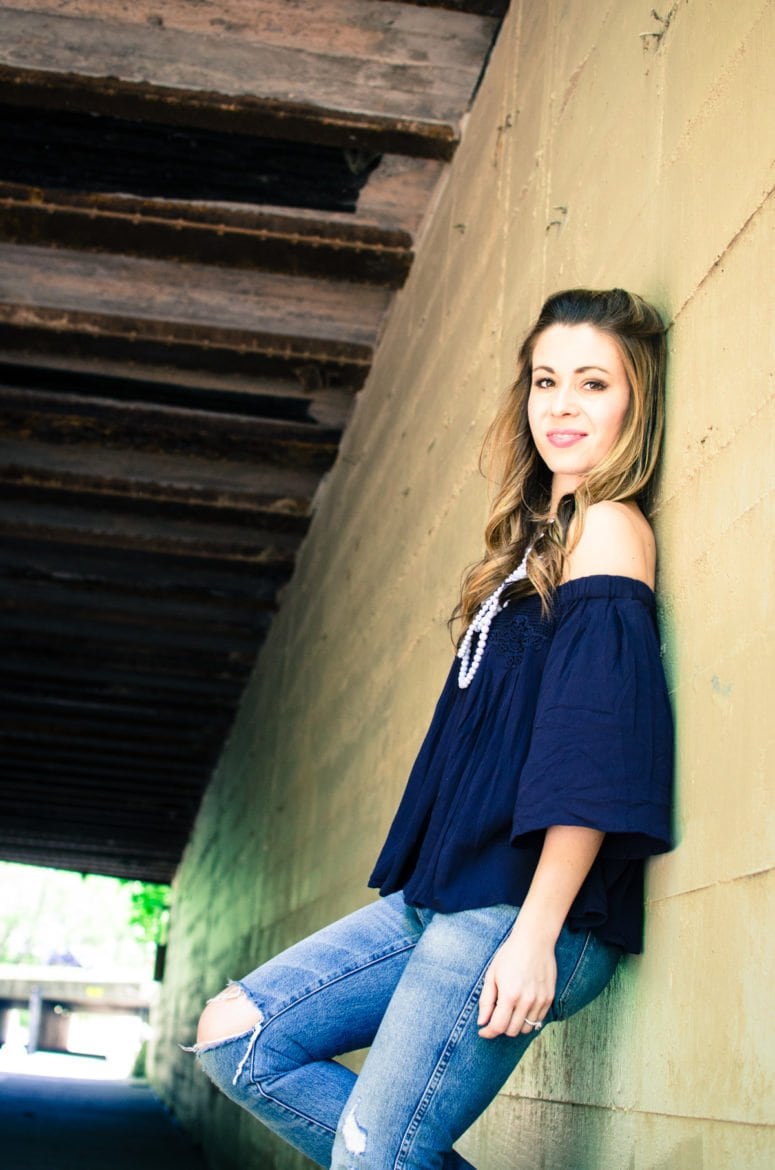 This spring and summer outfit is casual and cute for a day of running around town - off the shoulder top with crochet detail and layered marble-print beads. Style, fashion, and outfit inspiration.