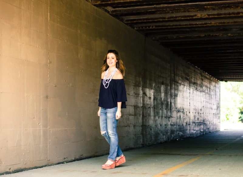 This spring and summer outfit is casual and cute for a day of running around town - off the shoulder top with crochet detail and layered marble-print beads. Style, fashion, and outfit inspiration.