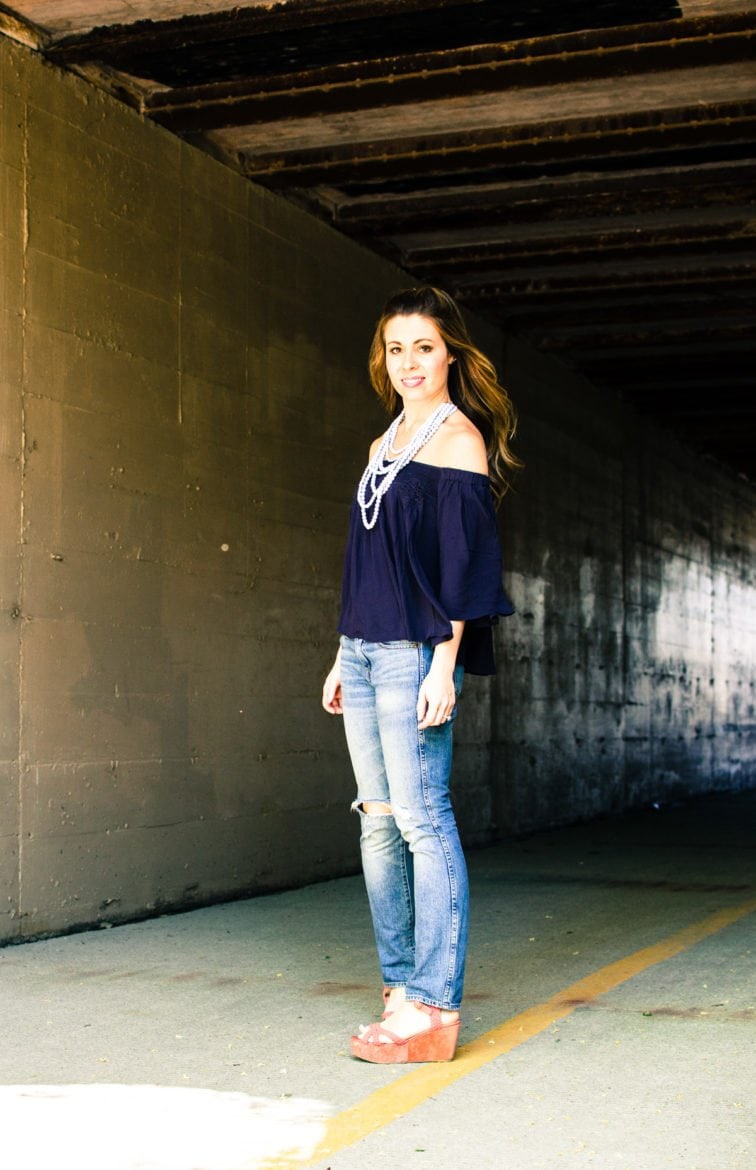 This spring and summer outfit is casual and cute for a day of running around town - off the shoulder top with crochet detail and layered marble-print beads. Style, fashion, and outfit inspiration.