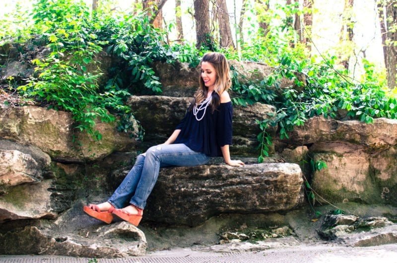 This spring and summer outfit is casual and cute for a day of running around town - off the shoulder top with crochet detail and layered marble-print beads. Style, fashion, and outfit inspiration.