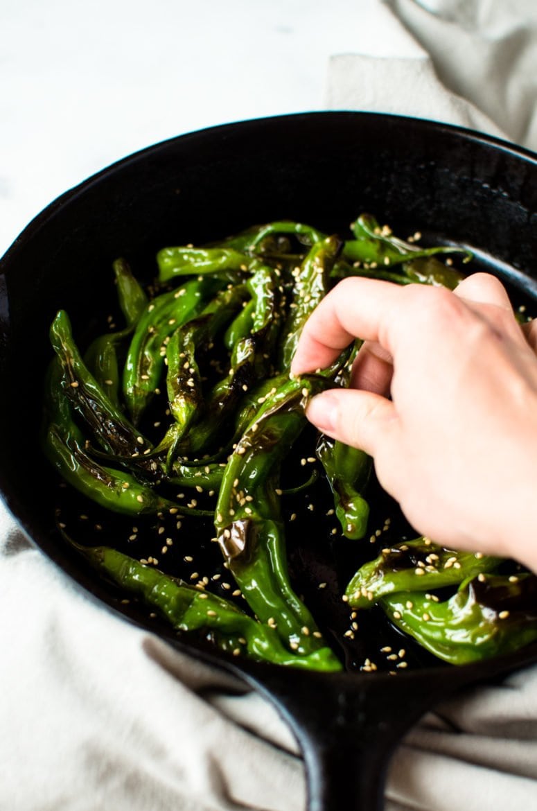 This recipe for Blistered Sesame Shishito Peppers is an easy snack or side dish that you can make in a snap! It's vegan, gluten free, and packed with flavor!