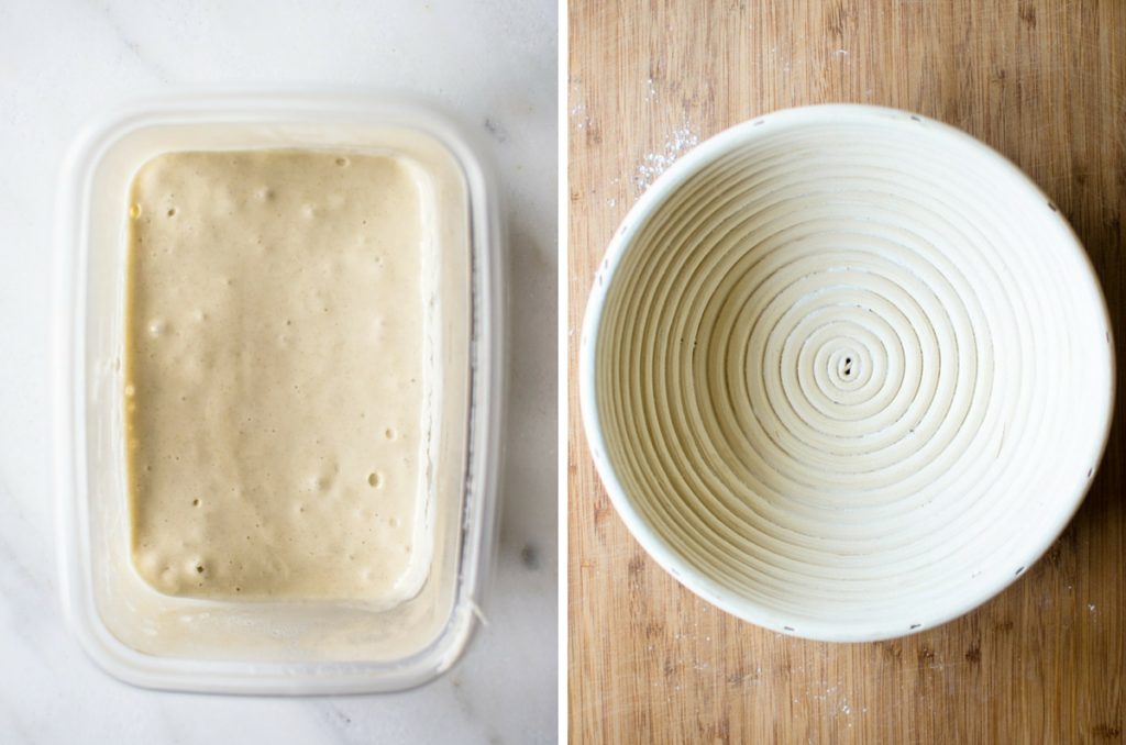 Left photo - dough in a container rising. Right photo - a bread rising basket.