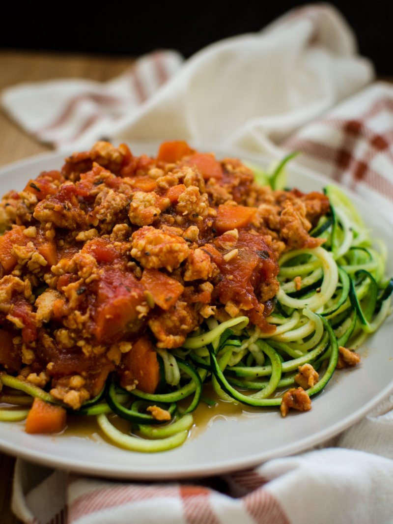 Zucchini Noodles with Chicken Bolognese is an easy, veggie-loaded recipe you can make on weeknights for a healthy and super-satisfying dinner that the family will love!