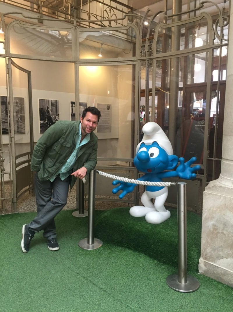 Ryan with the Smurf in Brussels, Belgium