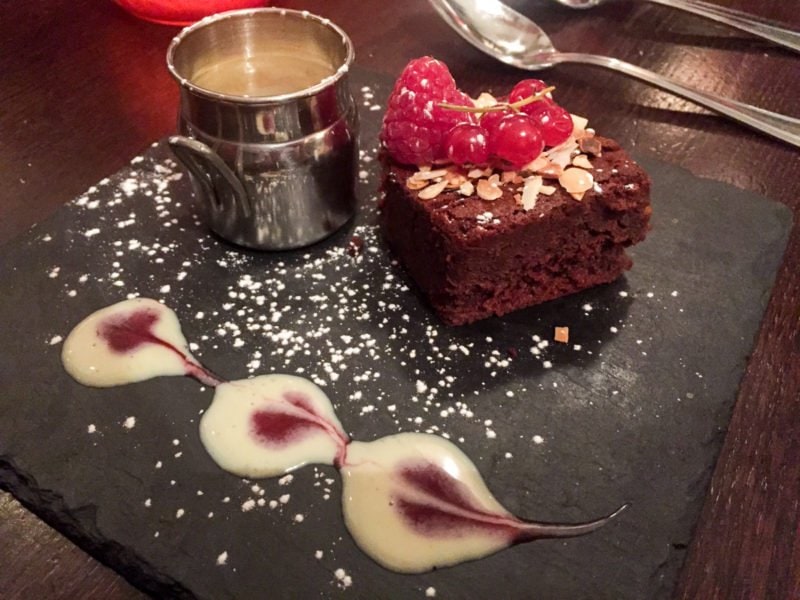 Flourless chocolate cake with creme anglaise in Paris, France