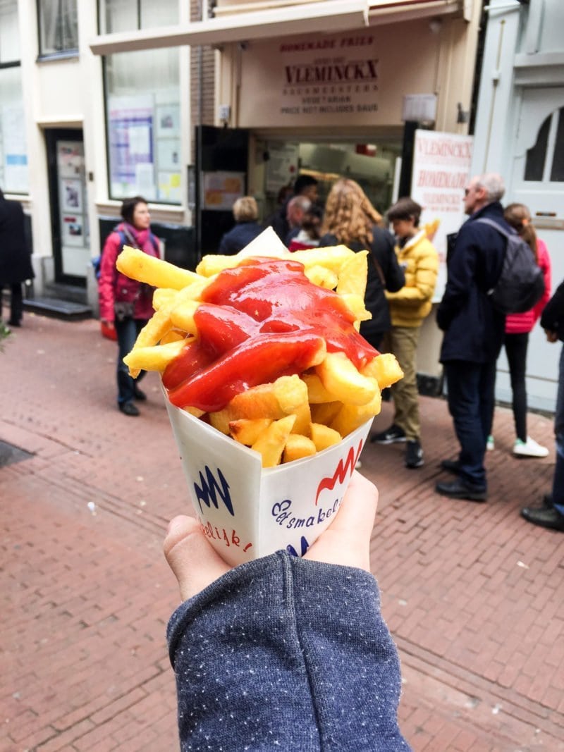 Famous Dutch frites with curry ketchup in Amsterdam