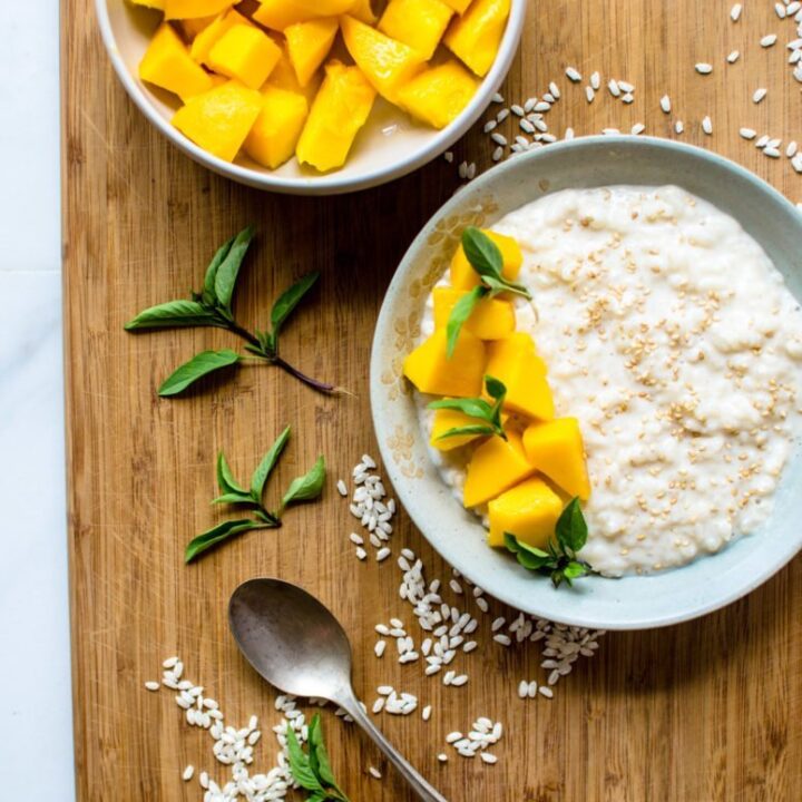 Thai Basil-Infused Coconut Rice Pudding with Mango