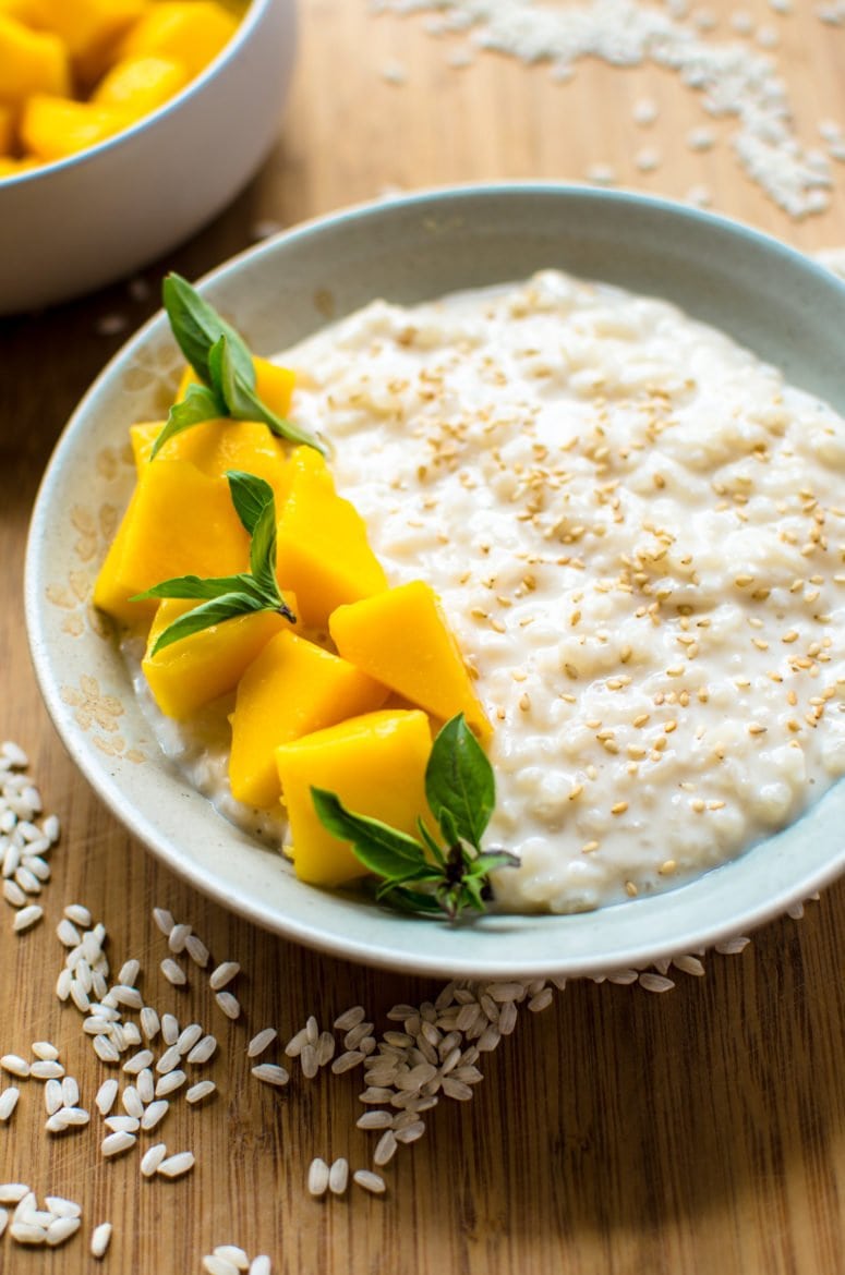 Thai Basil-Infused Coconut Rice Pudding with Mango