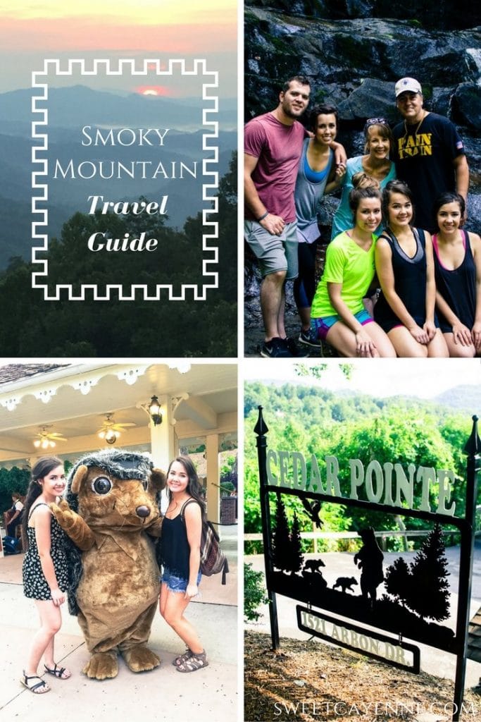 A photo collage for Pinterest with pictures of a smoky mountain vacation 