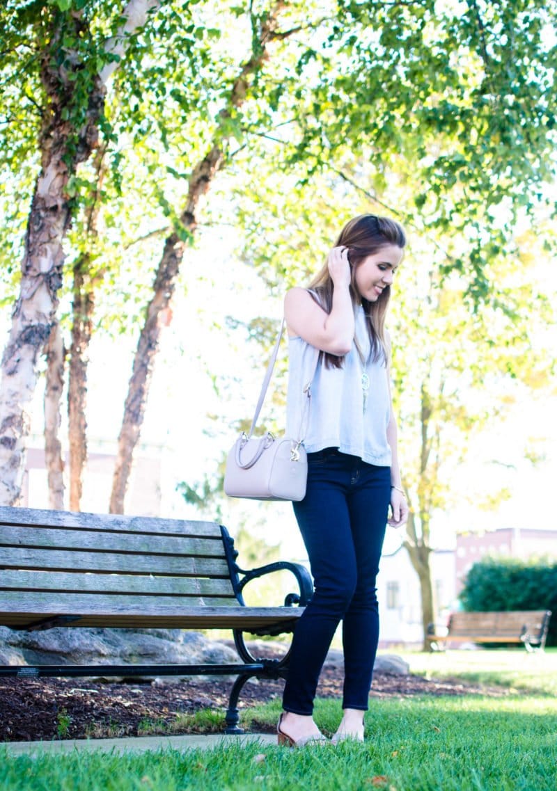 A chic and sophisticated denim on denim look that's perfect for fall transition fashion. High waisted jeans in a dark wash with an open-back chambray shirt. 