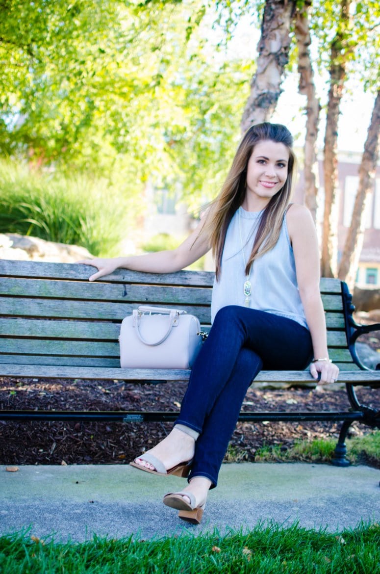 A chic and sophisticated denim on denim look that's perfect for fall transition fashion. High waisted jeans in a dark wash with an open-back chambray shirt. 