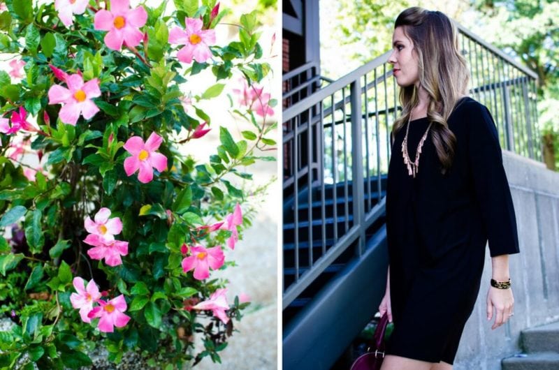 This edition of Sweet Chic features a dolman sleeve little black dress that's perfect for fall. It's paired with a wine-colored satchel bag and animal print wedges for a chic street-style outfit. 