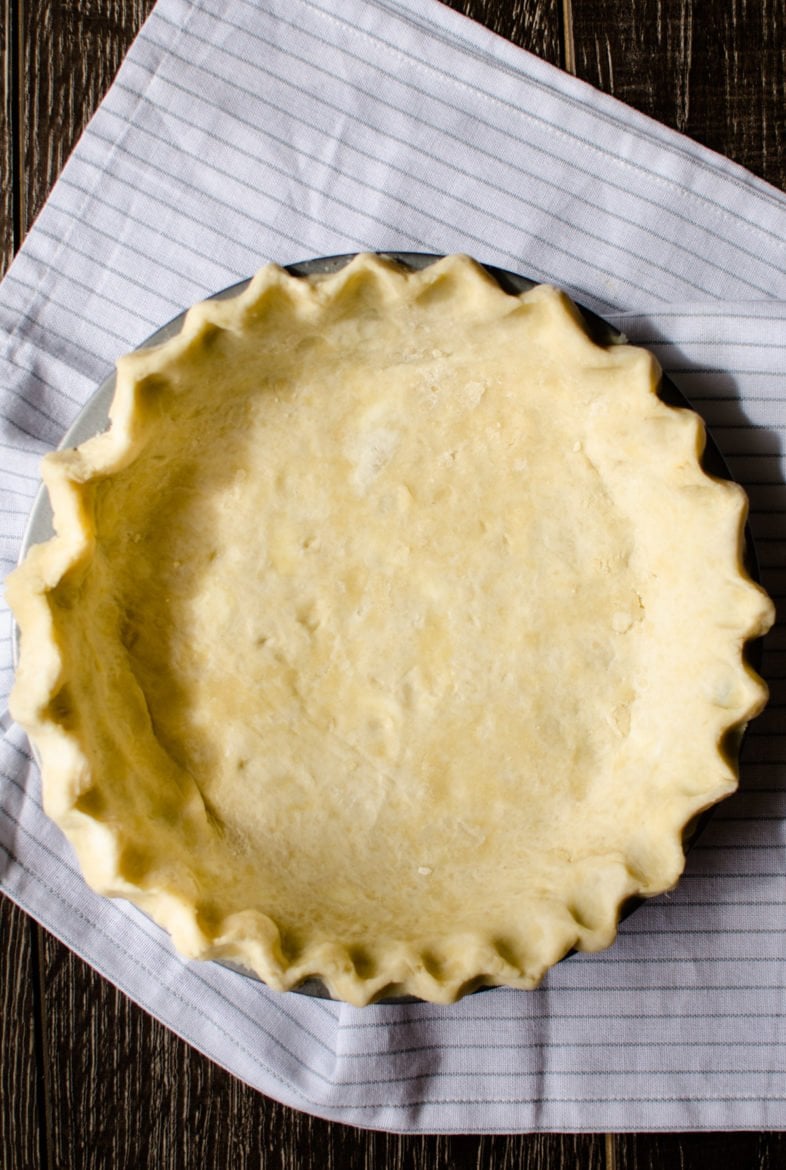 Buttermilk pie crust crimped and ready for filling. 