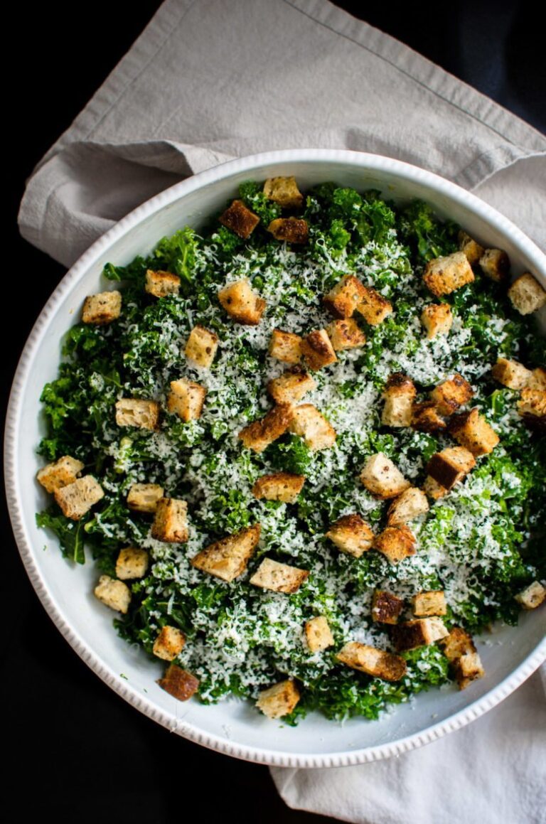 Simple Kale Salad with Lemon Vinaigrette and Italian Croutons