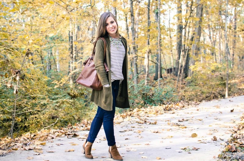 My favorite fall clothing basics for chic style that's easy to wear and mix and match. Oversize cardigan, dark wash denim, cognac tote, striped tee, cognac booties. 