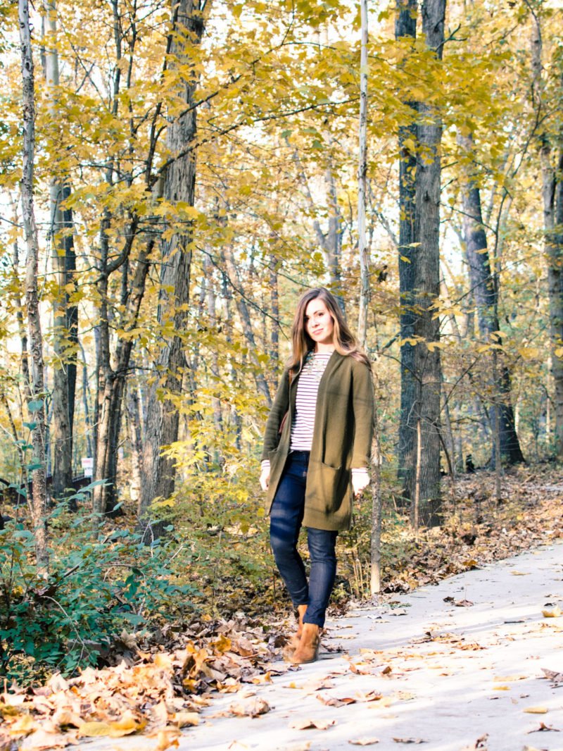 My favorite fall clothing basics for chic style that's easy to wear and mix and match. Oversize cardigan, dark wash denim, cognac tote, striped tee, cognac booties. 