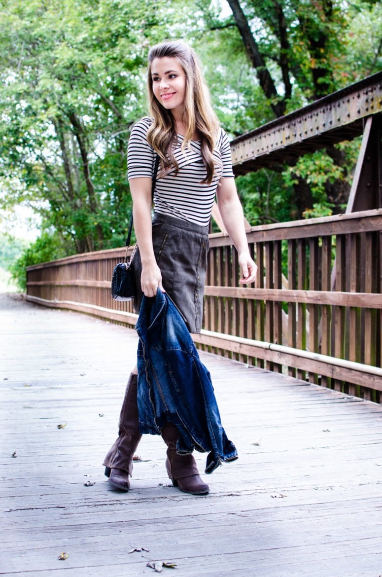 A fun fall weekend outfit is created with a high-waisted suede mini, an off-the shoulder striped body suit, and a denim jacket.