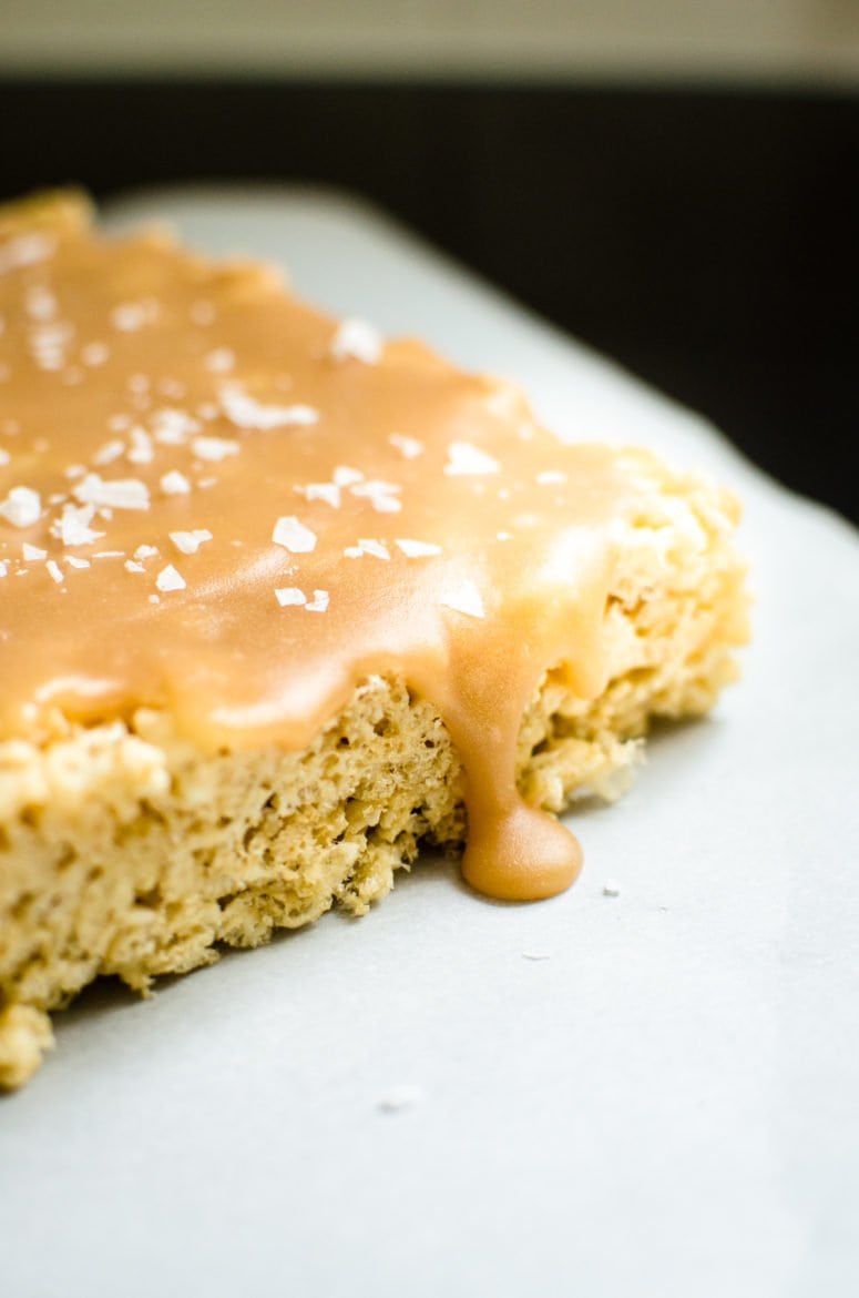 This recipe for Salted Caramel Crispy Rice Treats is the perfect combination of salty + sweet, buttery, crunchy goodness!