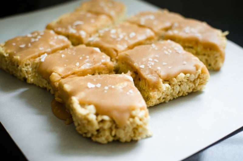 This recipe for Salted Caramel Crispy Rice Treats is the perfect combination of salty + sweet, buttery, crunchy goodness!